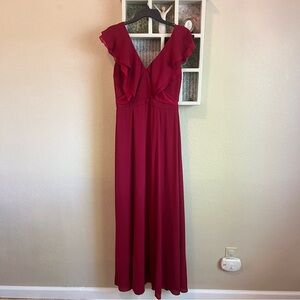 Fame and Partners Red Long Formal Dress Ball Gown Ruffle V Neck